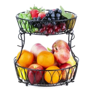 Basic 2-Tier Metal Fruit Vegetable Snacks Basket Standing Installation Type Banana  Hanger for Counter Storage Handmade Indian