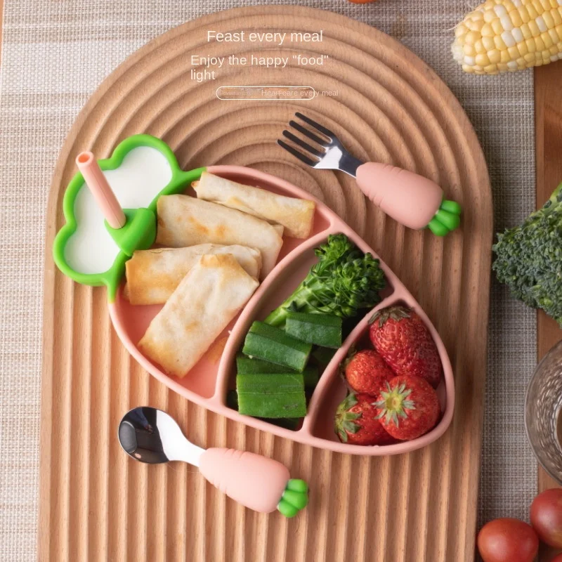 Silicone Children's Dinner Plate Carrot Suction 304 Stainless Steel Fork Spoon for Baby's Supplementary Foods Kids Dining Set