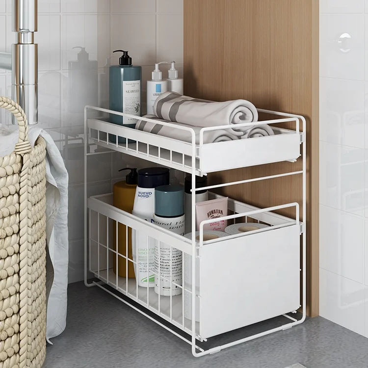Bathroom Kitchen Stackable Double-layer Pull-out Storage Basket Spice Rack Basket Under the Sink Rack Under the Sink