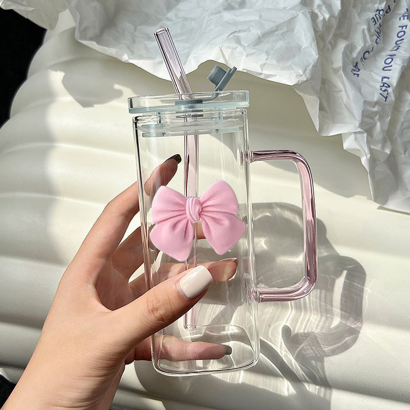 Square Cute Glass Cup Handle High Color Value Flat Bottom Color Straw Water Cup Women High Temperature Household Mugs Glass Mug