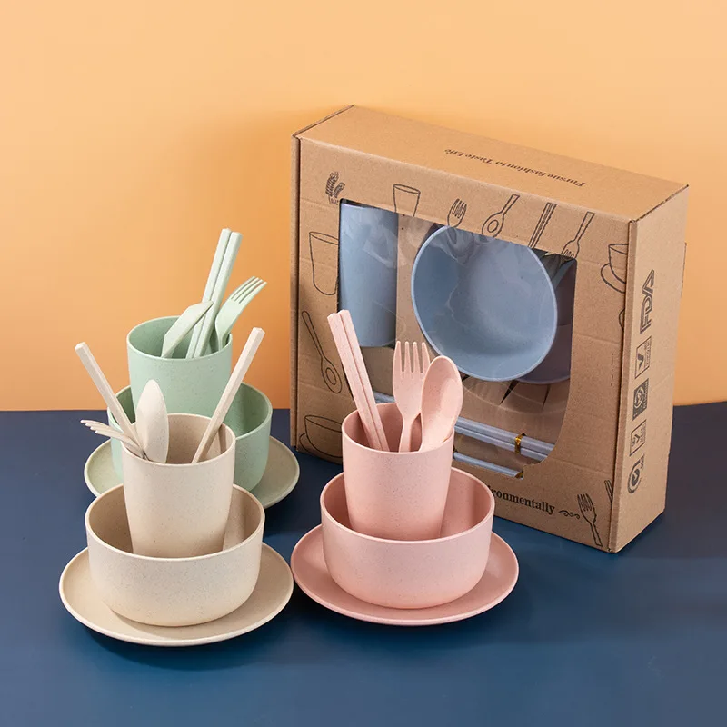Reusable Eco Friendly Wheat Straw Plastic Kids Tableware Cutlery  Bowl Plastic Cup Plate Tableware Dinnerware Set for Children