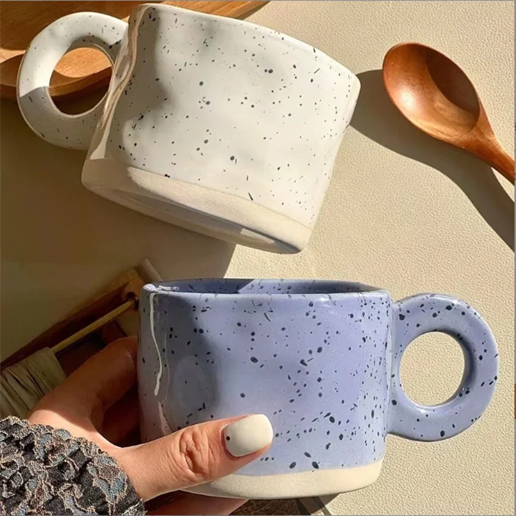 Porcelain Nordic Mug Coffee Tea Cup Speckled Black Dot Design Ring Handle Ceramic White Nordic Tea Cup Mug
