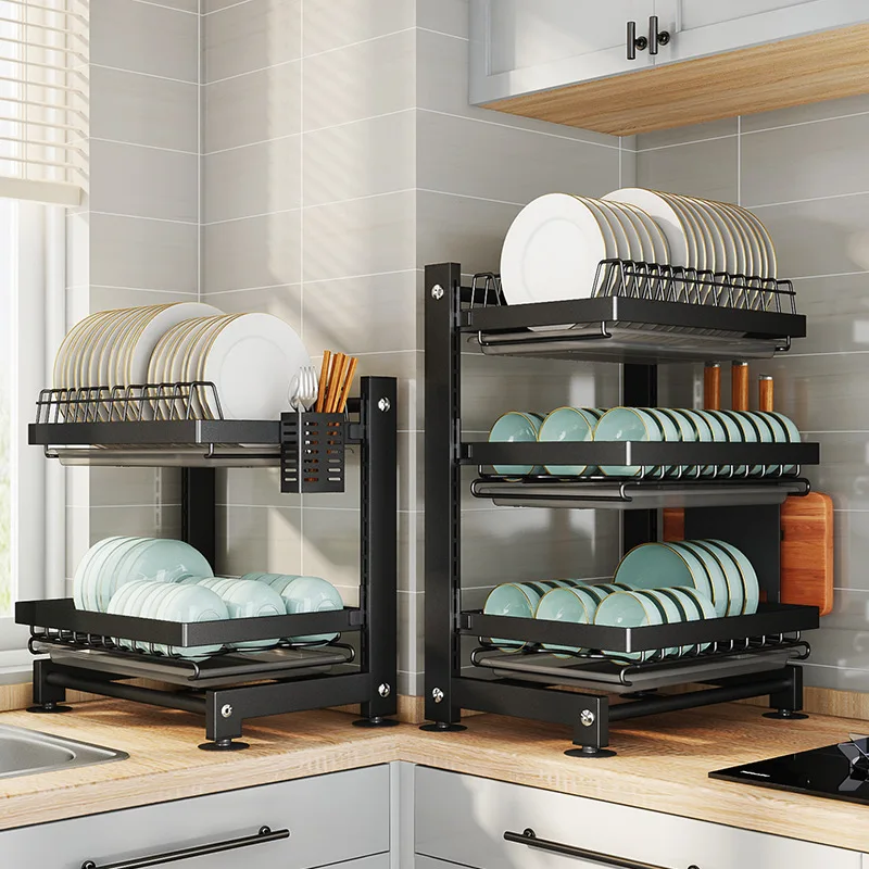 Knife Cutting Board Integrated Metal Mesa 3 Tier Dish Dryer Rack Kitchen Plate Organize Holder Sink Tableware Drain Drying Shelf