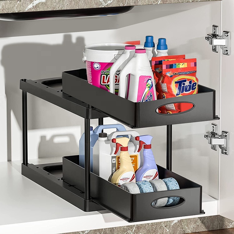 2-Tier Stackable Plastic Bathroom Kitchen Accessories Pull Drawer Sliding Spice Rack Organizer Double Tier Sink Cabinet Shelf