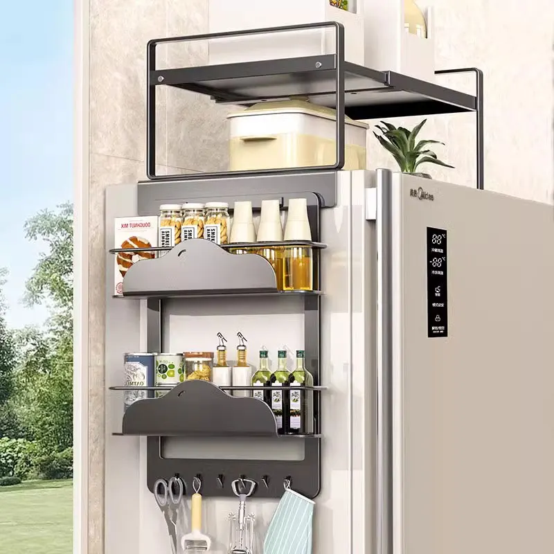 3-Tier Scalable Organizer 6-Hook Magnetic Refrigerator Spice Rack for Seasoning Bottle Shelves Kitchen Accessories Storage Metal