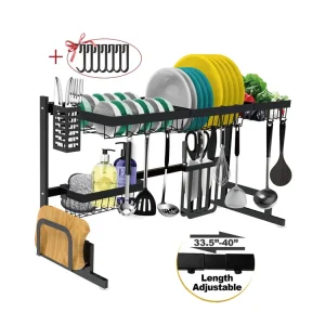 Adjustable Large Dish Rack Drainer Metal Kitchen Organizer Storage with Cutlery Cutting Board Holder Over-Sink Dish Drying Rack