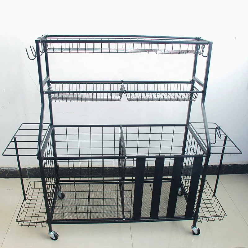 Sports  Equipment Organizer Holder Metal Floor Ball Storage Cart Racks with Hooks Baskets Brake Wheels for Toy Sports Gear