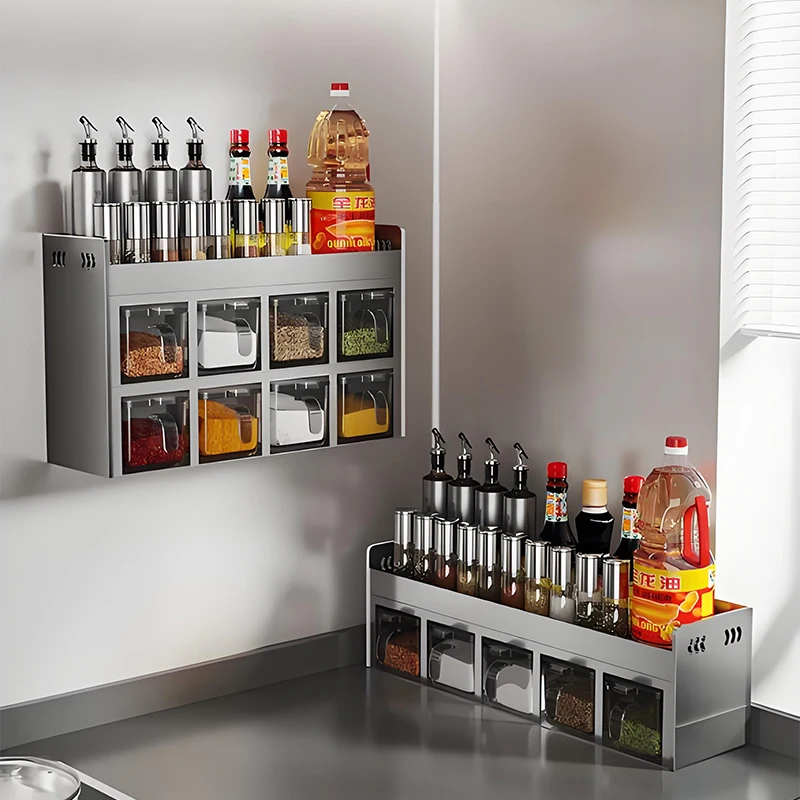 3-tiers Stainless Steel Wall Mount Spices Storage Rack No Punching Shelf With Acrylic Seasoning Box Metal Set Organizer Cabinet