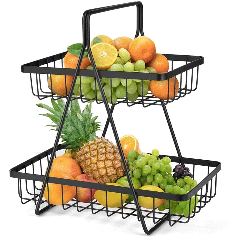 2 Tier  Multi-layer Floor Iron Wire Table square Decorative Kitchen Vegetable Metal Fruit Storage Basket Holder Rack