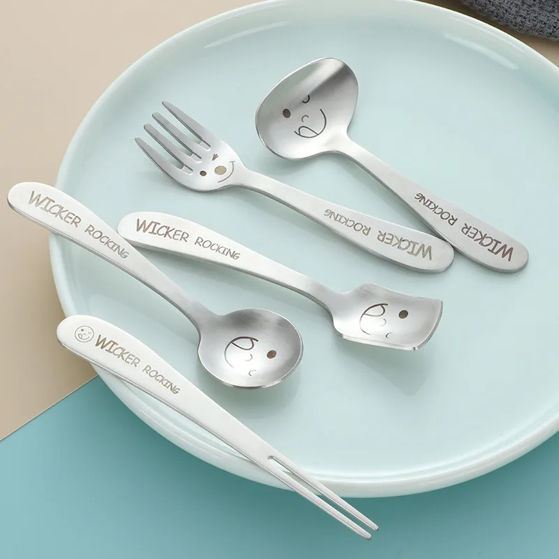 Cute for Smiley Face Pattern 304 Stainless Steel Cutlery Set Matte Silver Including Forks and Spoons for Back to School