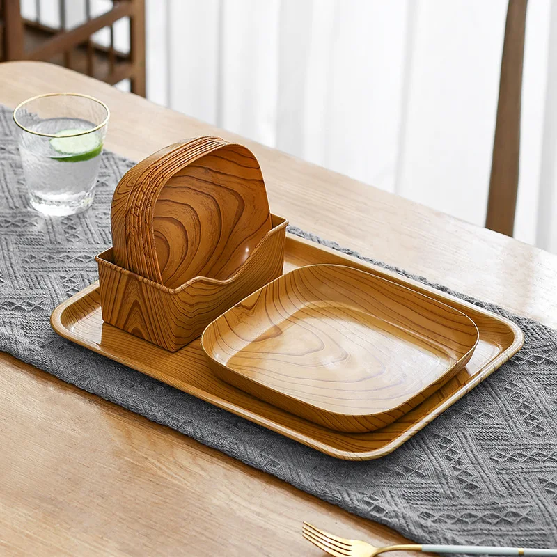 Modern Household Snack Plate Tray with Wood Grain Design Plastic Desktop Storage Set for Dried Fruit Dessert Nuts Seeds