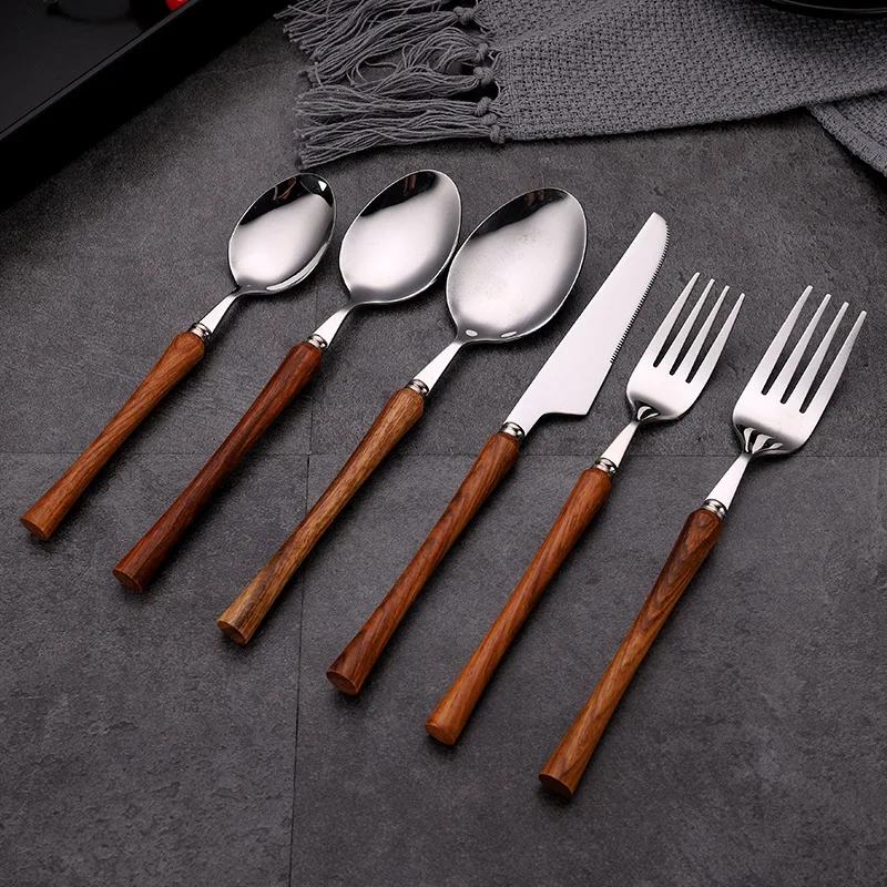 304 Stainless Steel Tableware Set with Wooden Handle Disposable Western Steak Knife Fork and Spoon Classic Design in Gift Box