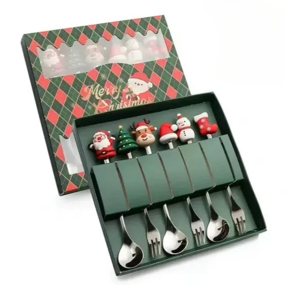 Creative Luxury Stainless Steel 4pcs Gold Silver Flatware for Tea Coffee Dessert Santa Claus Spoon Fork for Party Christmas