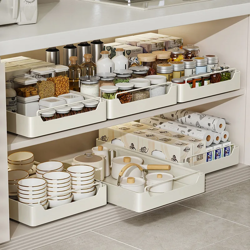 White Metal Multifunctional Kitchen Under Sink Dish Rack Spice Holder Stainless Steel Pullable Plate Organizatio Drawer Cabinet