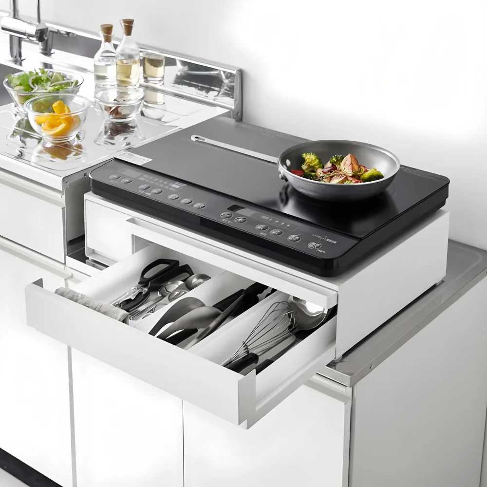 Kitchen Counter Pull Induction Cooker Storage Rack Drawer Cutlery Organize 3 Tier Microwave Oven Shelf with Shelves Dish Holder