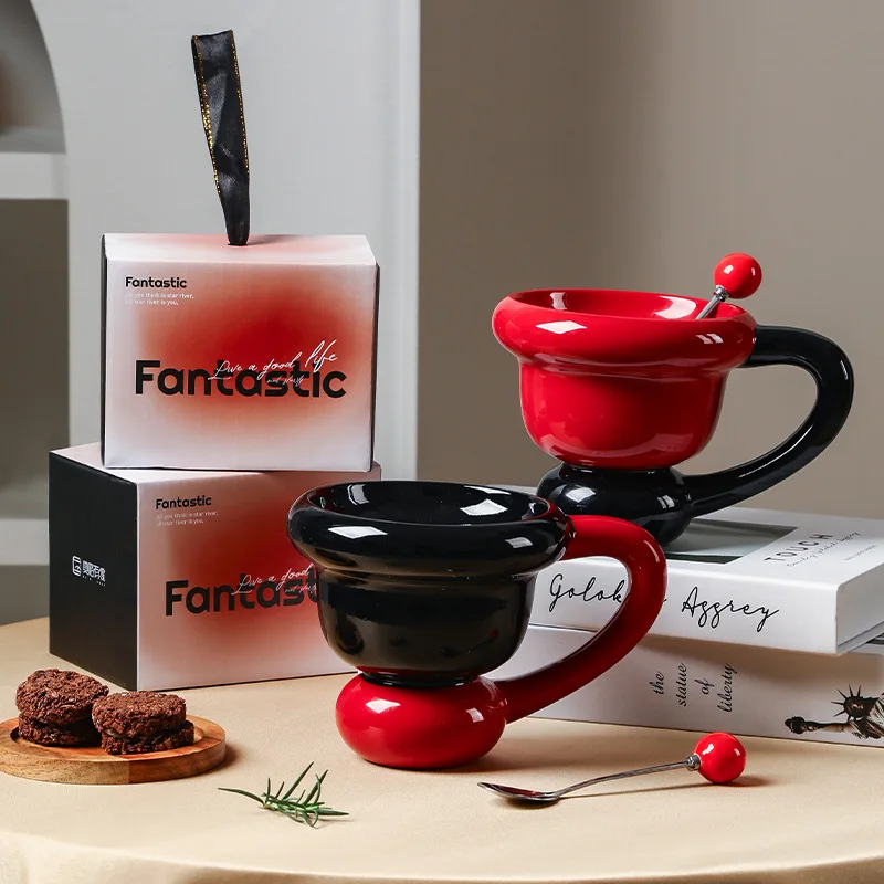 Creative Large Handle Ceramic Tumbler with Luxury Bright Red Color Ice Cream and Coffee Mug with Gift Package Spoon Included