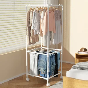 New 2-Layer Outdoor Metal Clothes Rack with Wheels Removable Bedroom Iron Clothing Drying Holder Shoe Racks Bedroom Storage