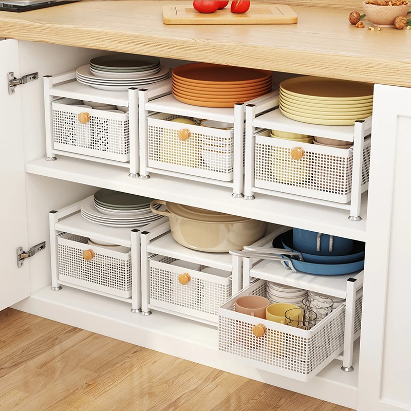 2-Tier Metal Pull Kitchen Sink Organizer Spice Basket Fruit Vegetable Storage Rack Drawer Cabinet Shelve Storage Holders Racks