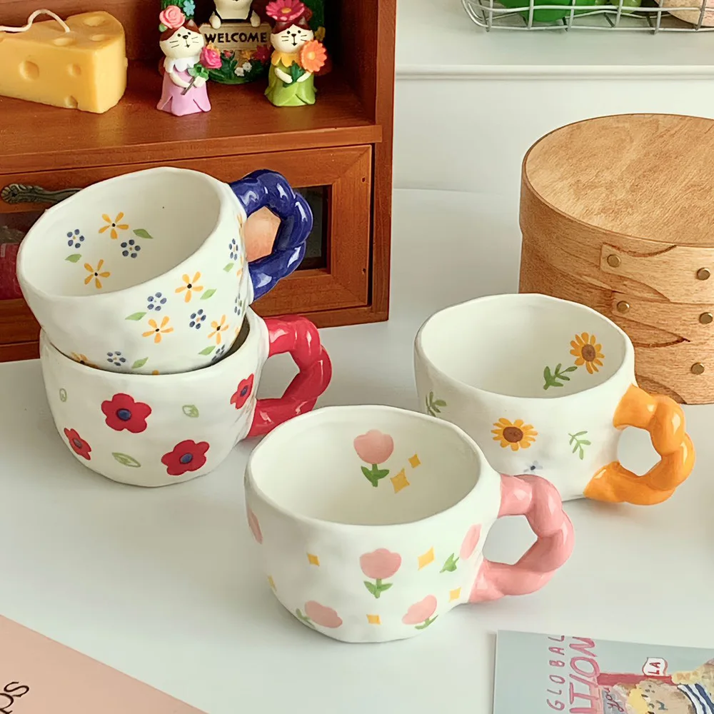 Twisted Handle Cute 260ml Ceramic Flower Cup Hand Painted Under Glaze Mug Flower Tea Coffee Cups Gift