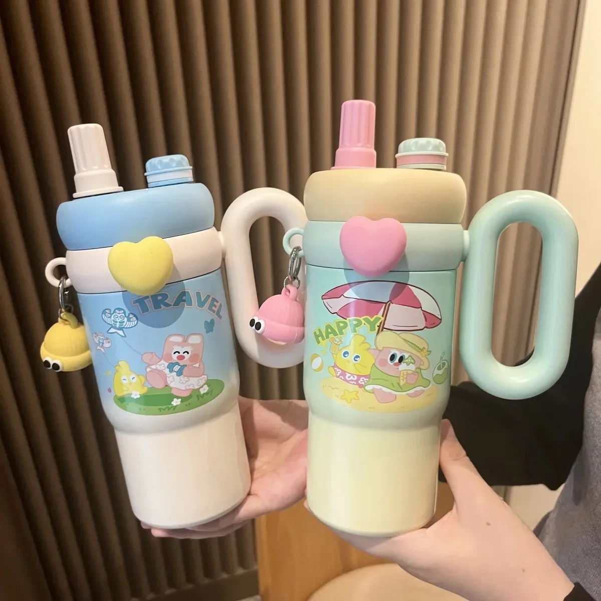 800ml Stainless Steel 316 Double Drink Cups New Handle Cute Boy Girl Students Water Bottles Ice Thermos Cup Plastic Drinkware
