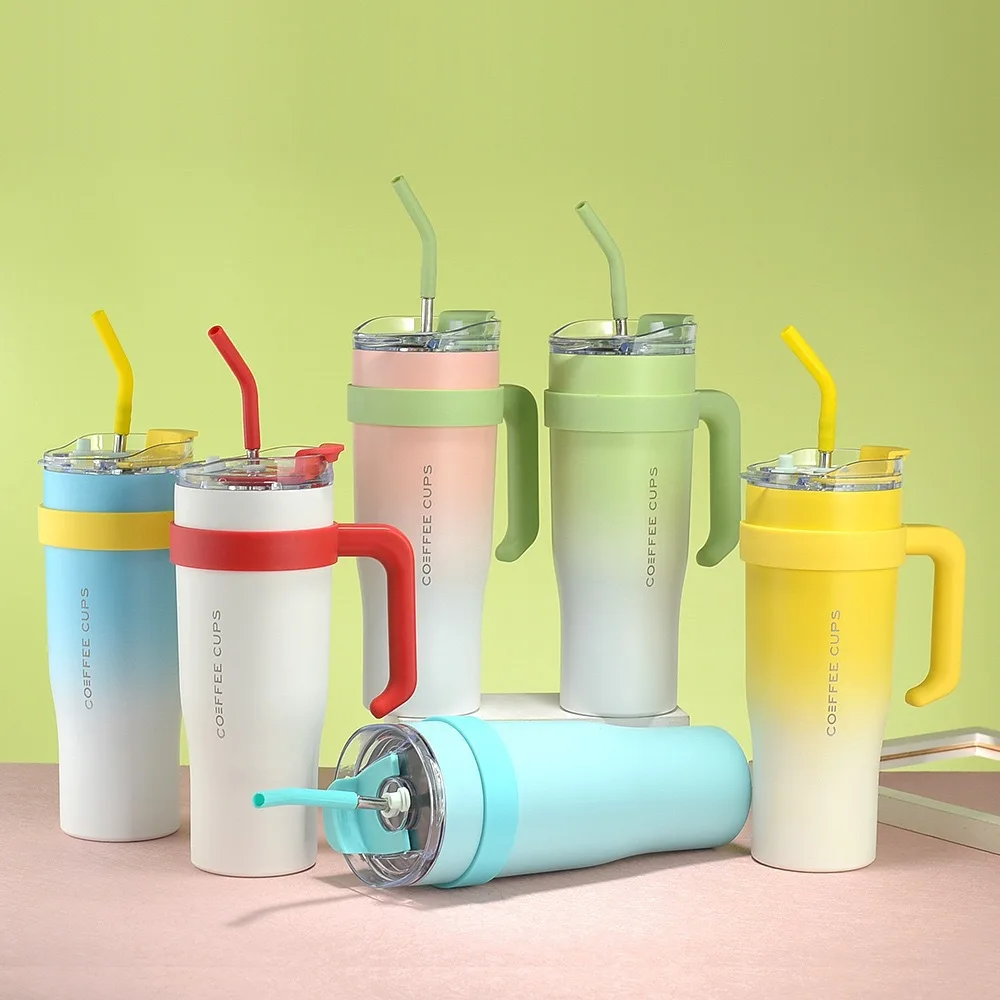 Direct Selling 304 Stainless Steel Large Capacity 40 oz Car Cup Simple Convenient Handle Suction Tube Big Mac Travel Cup