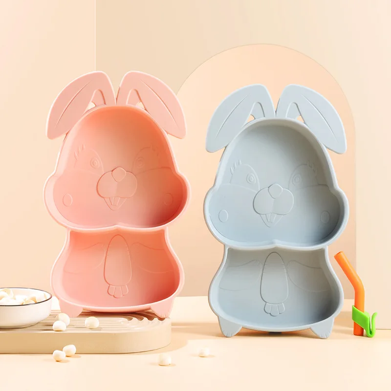 Children's Dining Set-Stainless Steel Fork Spoon Silicone Rabbit Suction Plate Supplementary Baby Food Dish for Baby's Meal Time