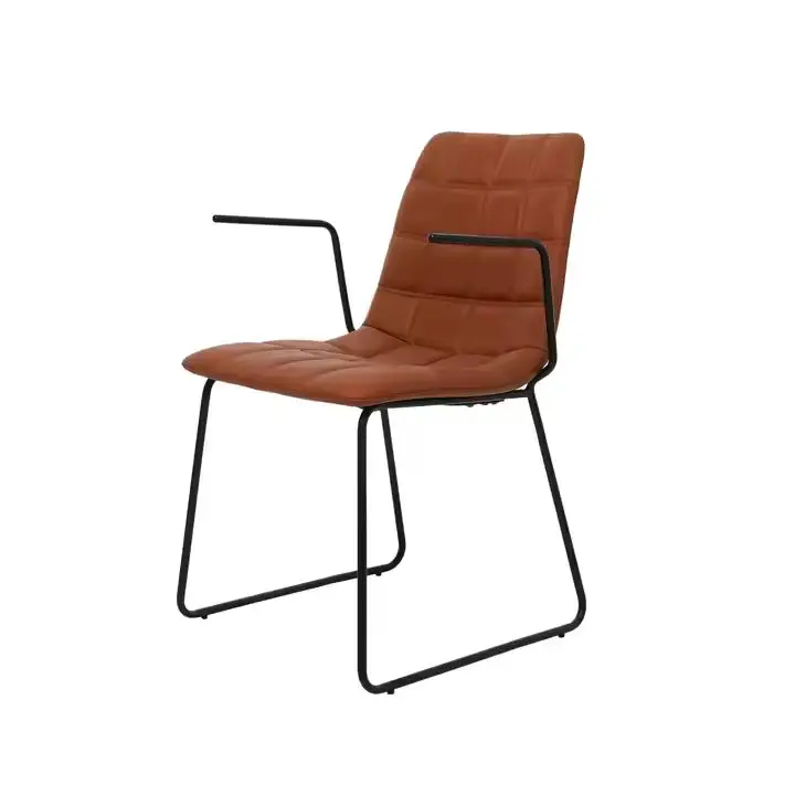 Direct Contemporary Brown Leather Dining Chair with Metal Armrest Frame for Home Dining Workspace