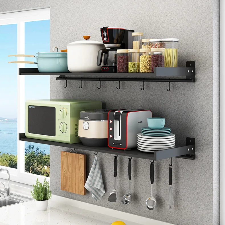 Hot Selling Multifunctional 201 Stainless Steel Kitchen Wall Mount Hanging Shelf Microwave Storage Rack Spice Dish Organizer