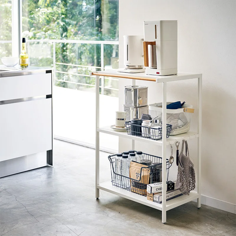 Metal 3Tier Living Room Floor Coffee Machine Rack Appliance Storage Shelf With Hook Sundries Holder Wooden Handle Towel Organize
