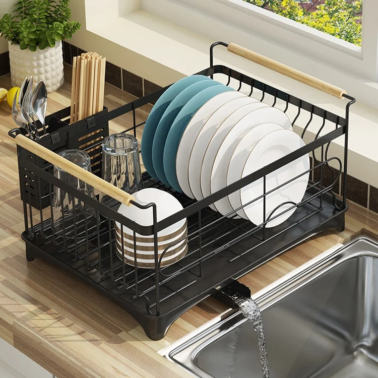 2-Tier Black Metal Tray Holder Multifunctional Kitchen Organizer for Dish Drying Racks Sink Stand Sink Rack Single Carton Iron