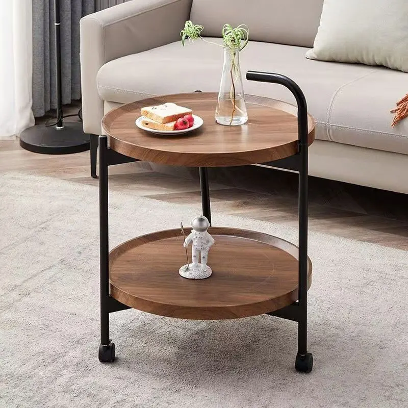 Movable 2-Tier Mini Coffee Snack Table Bedside Stand Wheels Wood Metal for Living Room Bedroom Office Serving Tea Computer