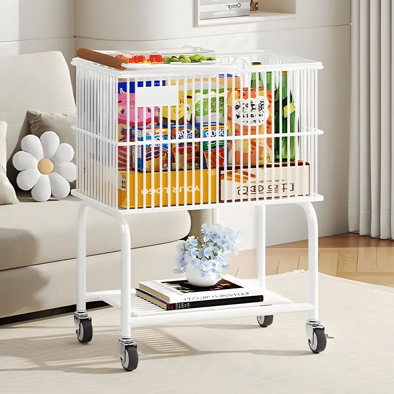 With Wooden Handle Wheels Kitchen Fruit Vegetable Organize Basket 2Tier Living Room Ground Trolley Storage Rack Snack Cart Shelf