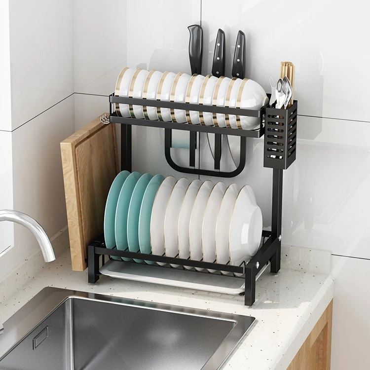 2-layer Stainless Steel Table with Water Tray Drain Dish Rack Cutting Board Rack Knife Rack Cutlery Cage