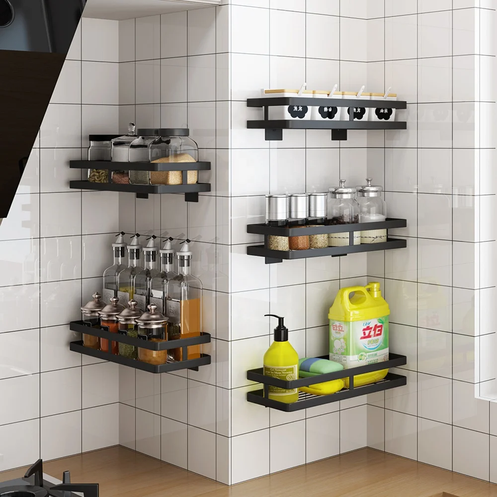 Punch Free Installation Simple Black Stainless Steel Wall Hanging Spice Rack 15.74inch Kitchen Accessories Storage Seasoning