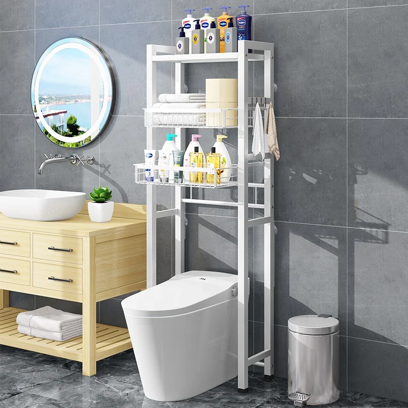 Home Over the Toilet Holder Towel Bars Storage Iron Rack Metal 3 Tier Bathroom Organizer Shelf with Paper Holder 3 Hooks White