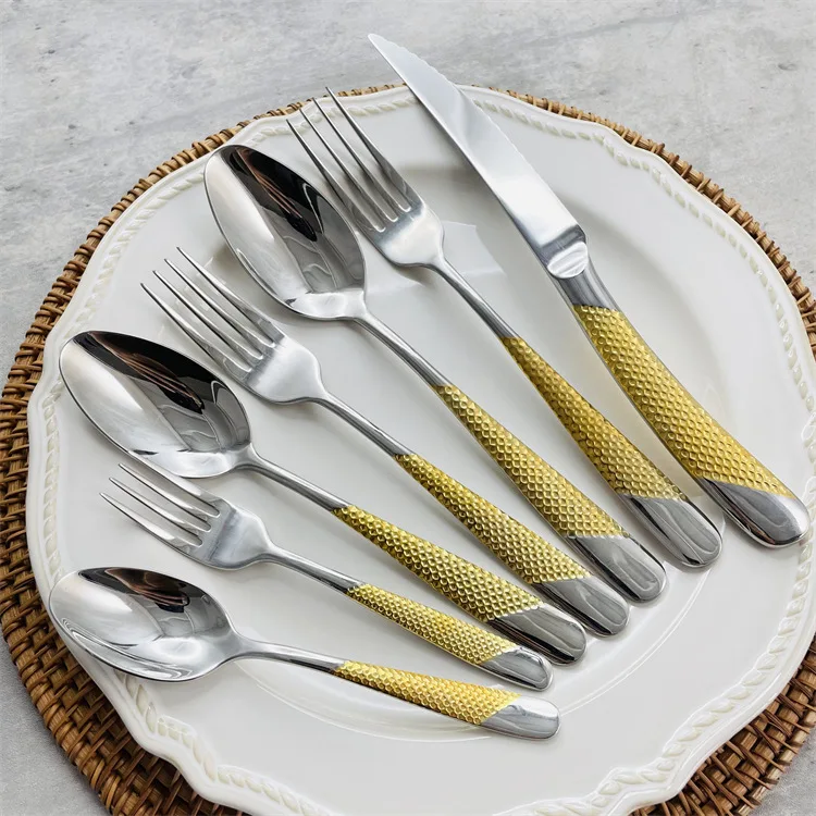 Star Diamond Handle 304 Stainless Steel Modern Western 7-Piece Hotel Tableware Set Disposable Steak Knife Golden Titanium Glow