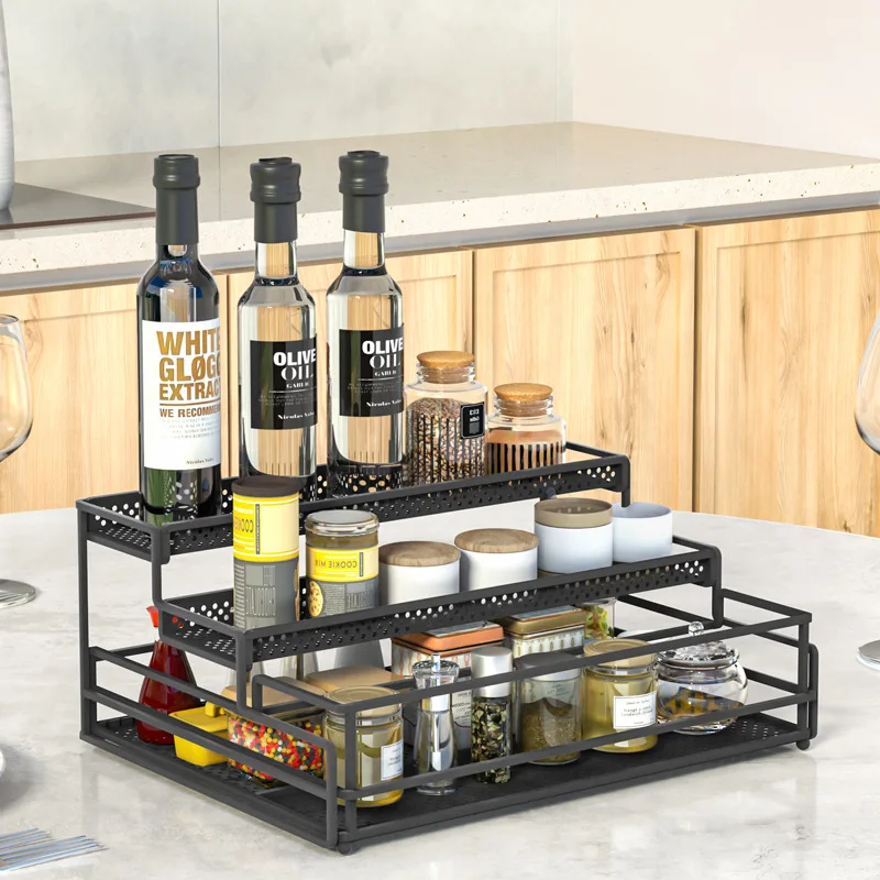 3 Tiers Pull Out Desktop Spices Jars Rack Oil Bottle Organize Multifunctional Step Cruet Storage Kitchen Metal Seasoning Shelf