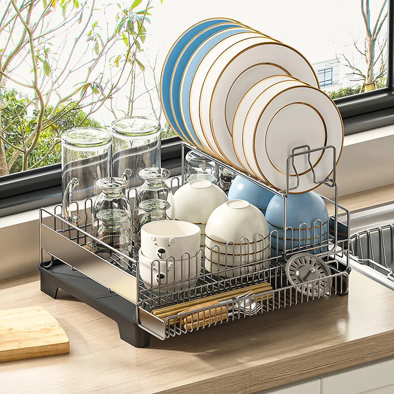 Kitchen Standing 304 Stainless Steel 2 Tier Dish Rack with Drainboard Utensils Bowls Drying Rack Capacity Drain Organizer Holder