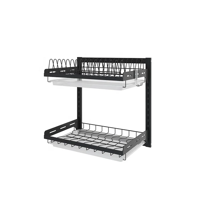 High Quality with Water Tray Stainless Steel Black Wall-mounted Double-layer Kitchen Dish Drying Racks