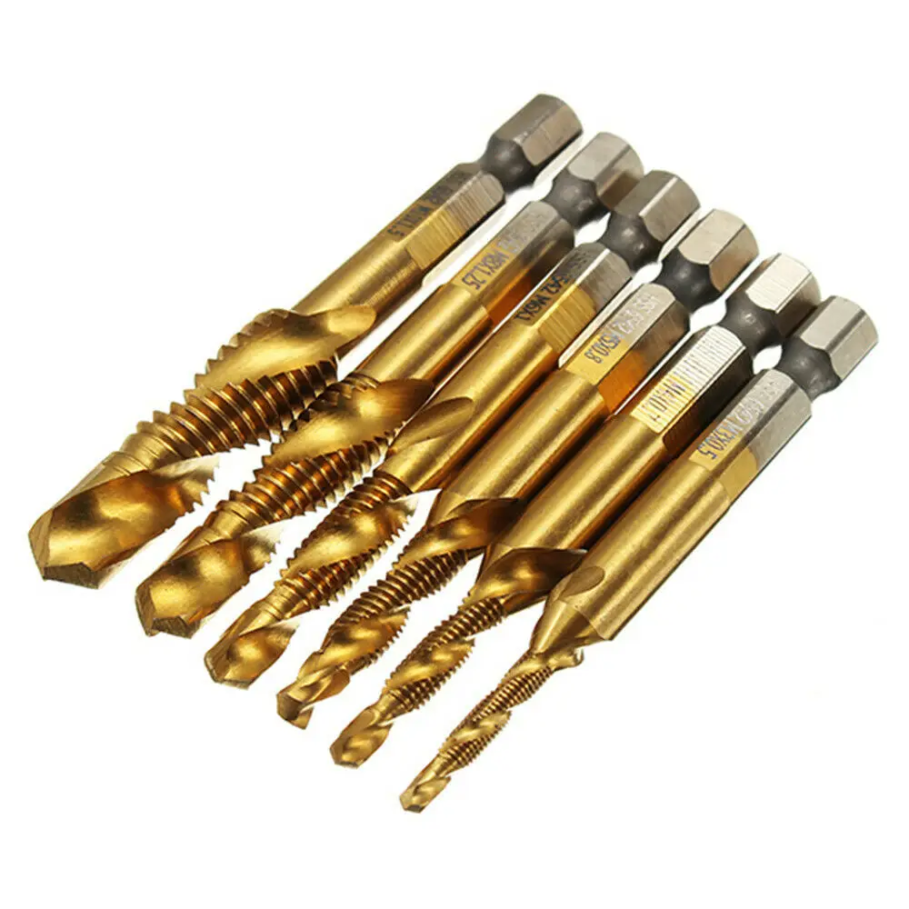 Drillpro 6pcs M3-M10 Drill Tap Bit Set Coated Countersink Bits HSS 6542 Titanium Make Hole Metal Drilling Hex Shank China BSCI