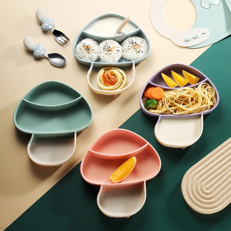 Children's Dinner Plate Set-Silicone Stainless Steel Fork Spoon Mushroom Suction Type for Baby's Supplementary Foods Kids Dining