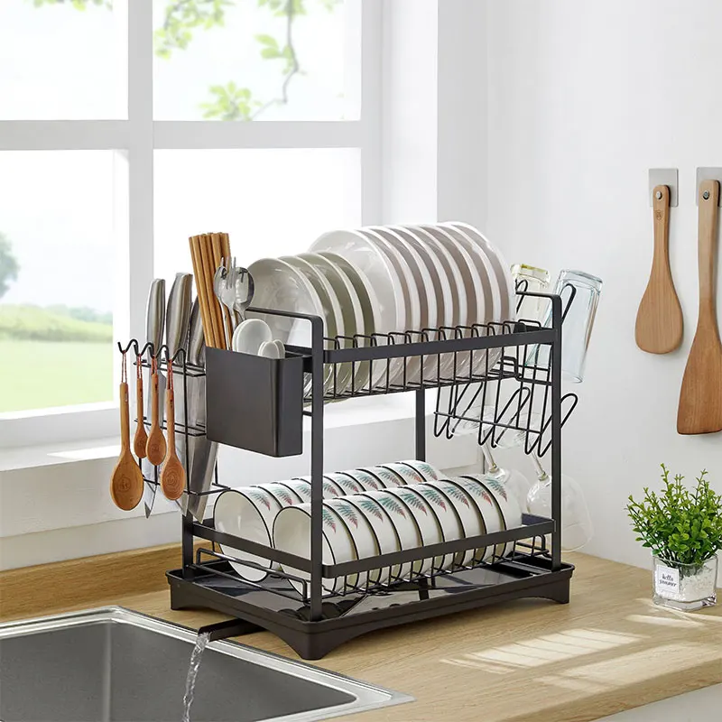 2-Tier Metal Dish Rack Drain Bowl Plate Storage Drying Shelf Dinnerware Hanging Cup Organizer Kitchen Knife Cutting Board Holder