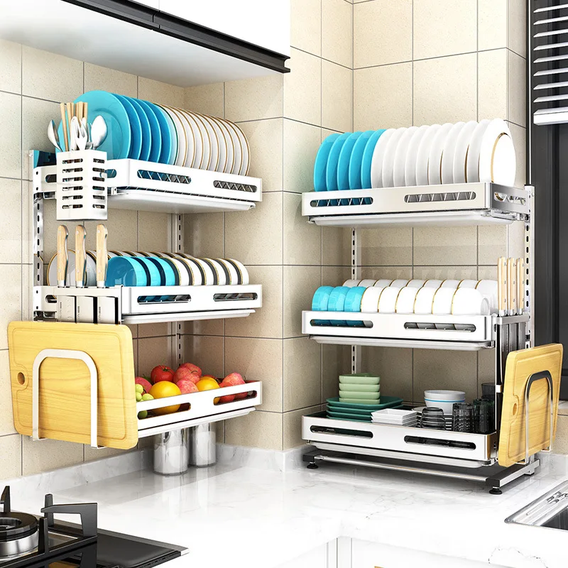 No Punching Wall Mounted Drying Holder Stainless Grade 304 Cup Plate Shelf Mesa 3Tier Dish Dryer Rack Kitchen Integrated Storage