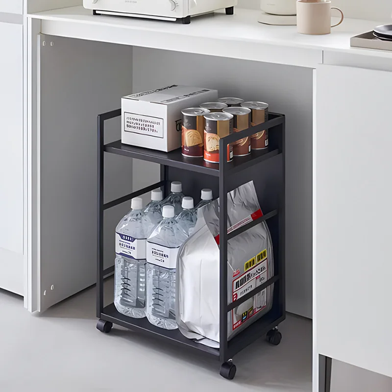 Kitchen 2 Tier Adjustable Under Table Rolling Manual Trolley Shelf 360° Rotation Cart Storage Rack Gap Sundries Organize Holder