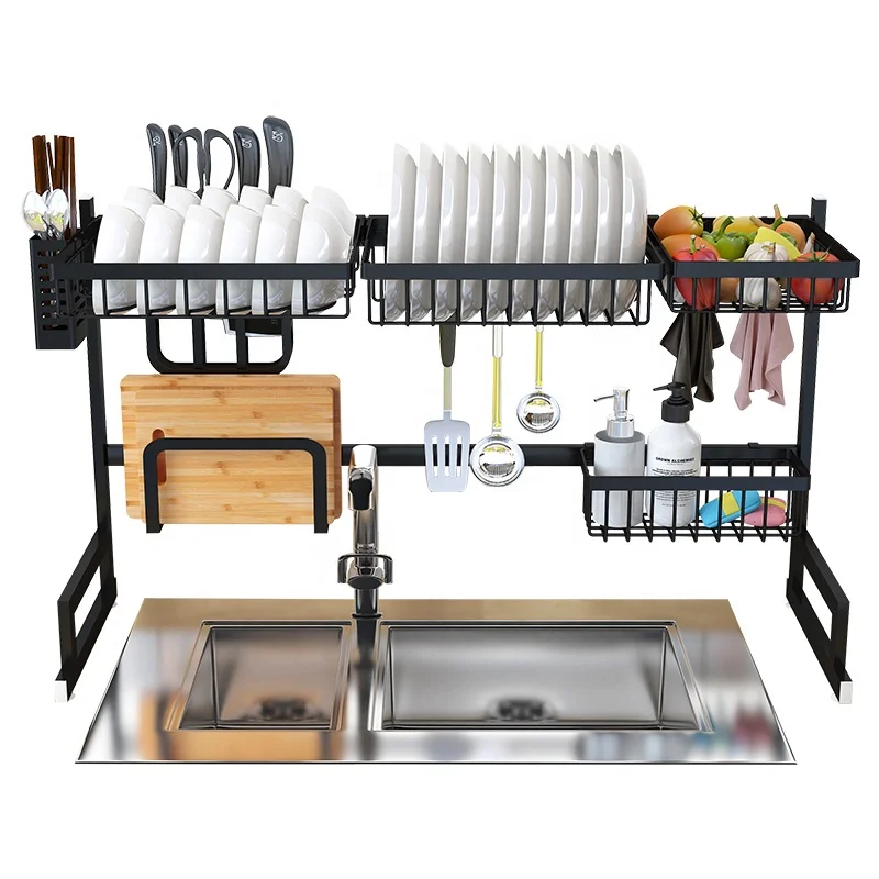 Kitchen Unique Over the Sink Stainless Steel Expandable Cutlery Holder Plate Pull Out Dish Bowl Cups Spoon Storage Drainer Rack