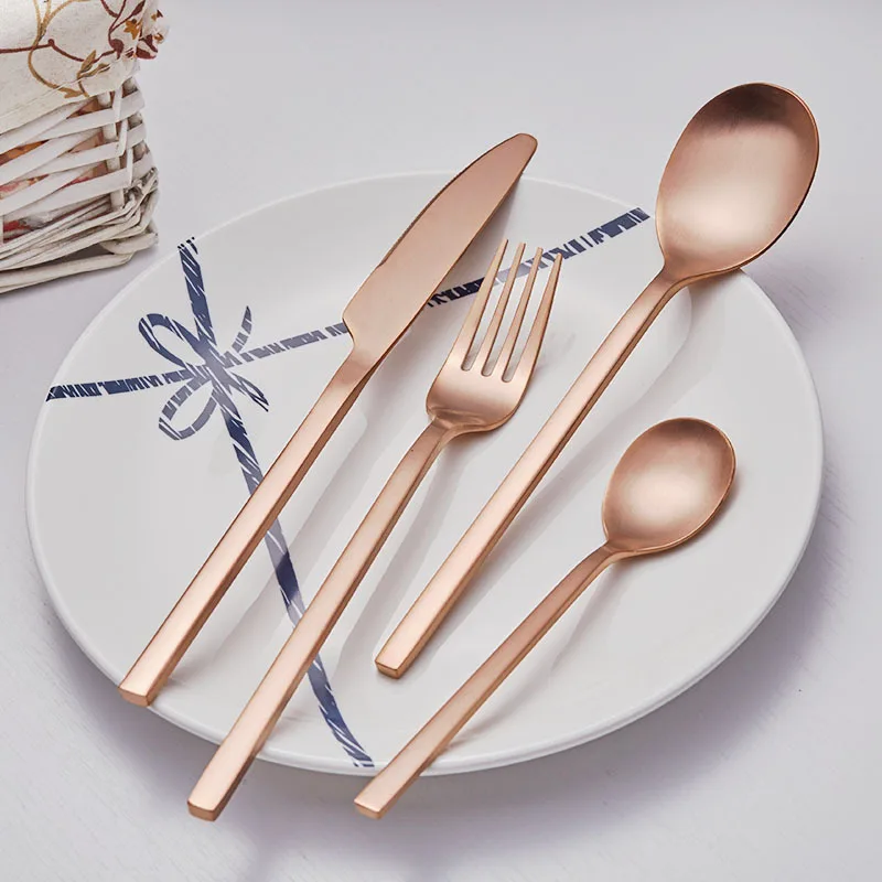 Simple Western-Style 304 Stainless Steel Steak Knife Fork Set Square Handle Matte Finish Disposable Tableware Including Gift Box