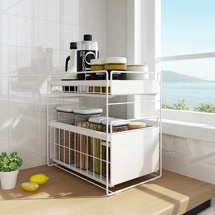 White Kitchen Metal Standing Type Spice Rack with Push down Sink Storage for Beverages
