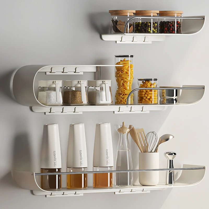 2-Tier Wall Mounted Metal Seasoning Rack Adhesive No Drill Spice Jar Storage Organiser Kitchen Condiments Cooking Tools Shelf