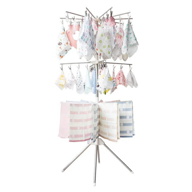Rotating Baby Outdoor Portable Clothes Drying Rack Oversized 4-Tier Foldable 304 Stainless Steel Movable Drying Rack