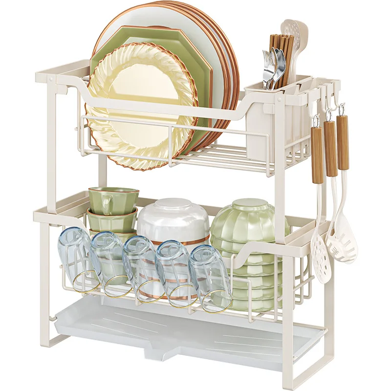Kitchen Metal Two Layers Tableware Drying Kitchenware Drain Holder Sink Side 2 Tier Dish Organize Rack Cup Saucer Storage Shelf